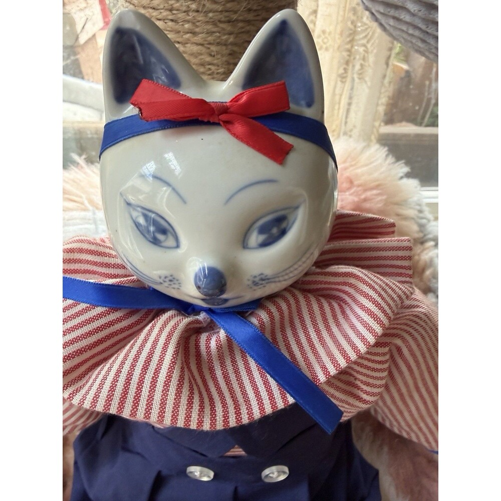 Vintage Cat Doll Ceramic Head Cloth Body Sailor Style Red White Blue Outfit